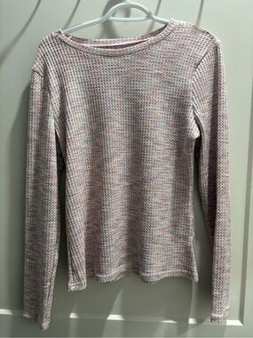 Waffle-Knit Long Sleeve Crewneck Top - Pink Multi